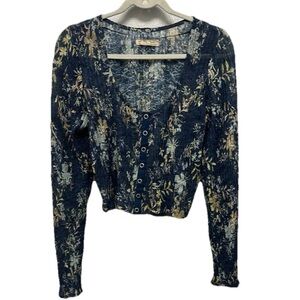 Free People ANGELINA Floral Long Sleeve Womens Size Large Crinkle Blouse NWOT